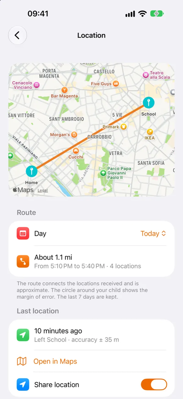 SafeKids Location screen with the route on the map
