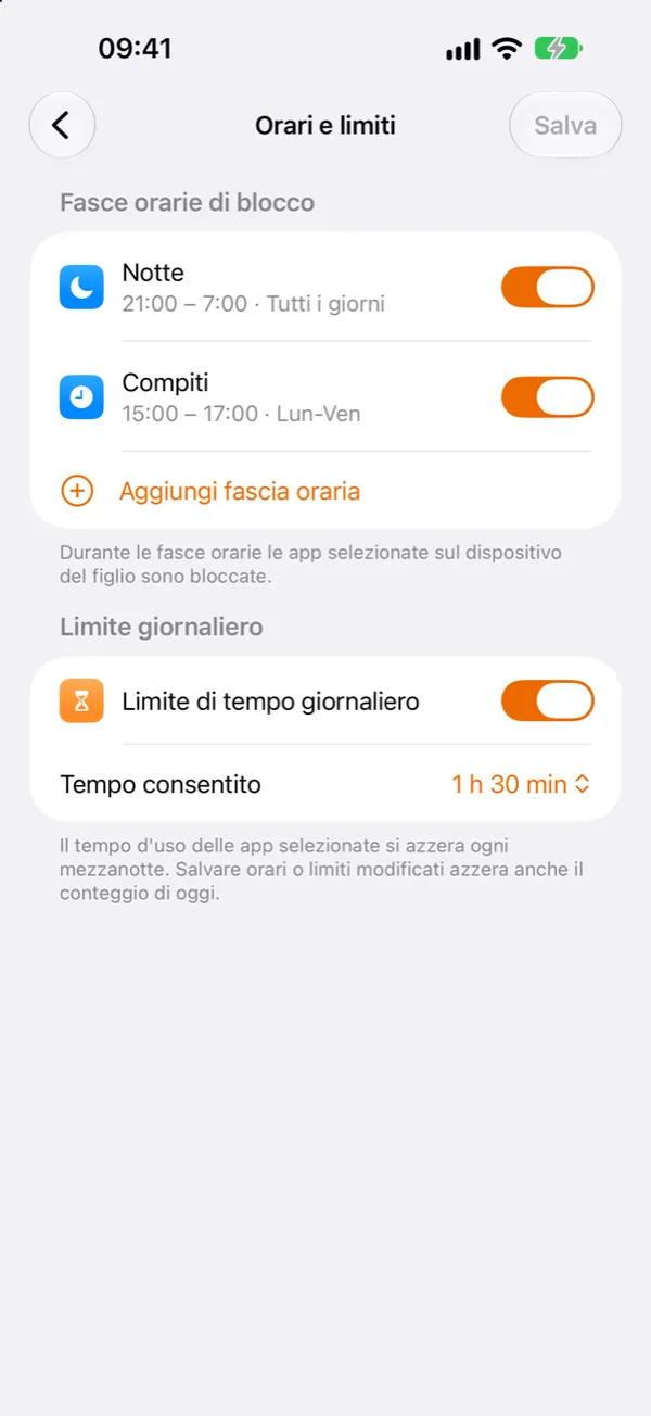 Schermata Orari e limiti di SafeKids