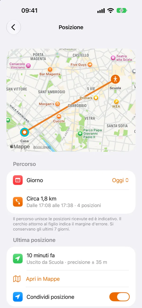 Schermata Posizione di SafeKids con il percorso sulla mappa